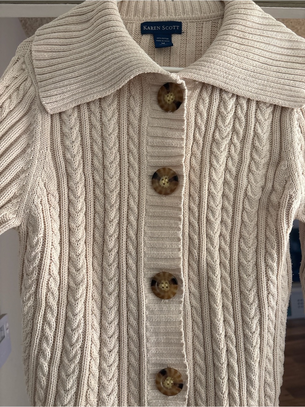 Karen Scott Beige Cable-Knit Button Cardigan